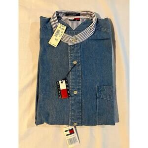 NWT VTG Tommy Hilfiger Shirt Mens Band Collar Denim Button Down Logo L